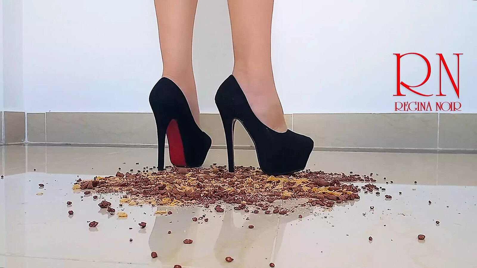 Cornfalkes destroying with heels boots floor.