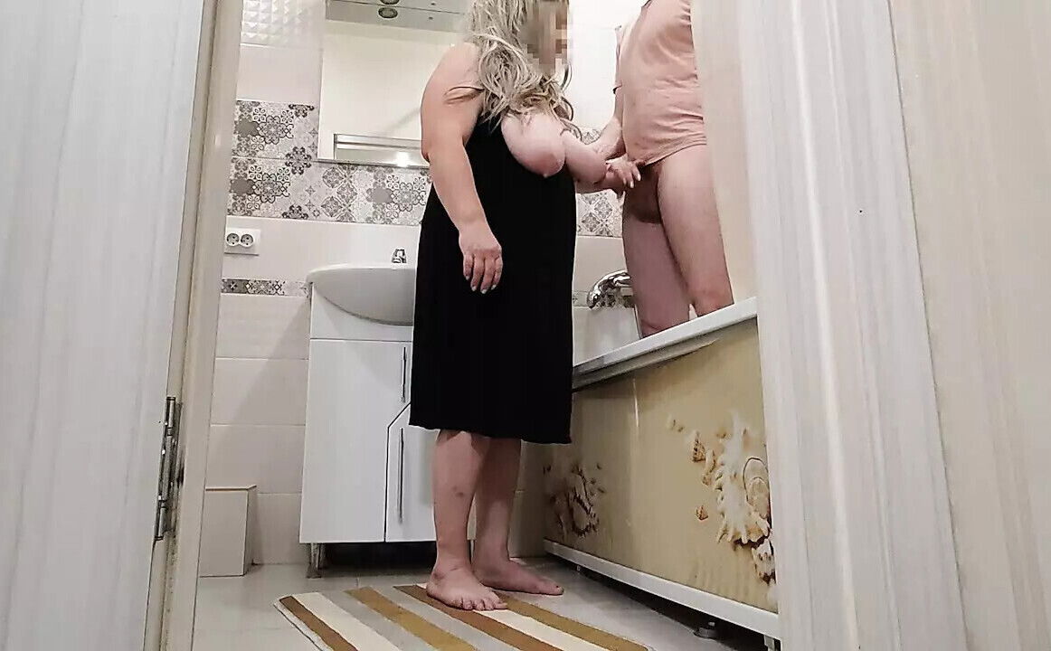 Stepmom excited when jerked bathroom gave blowjob before asked fuck