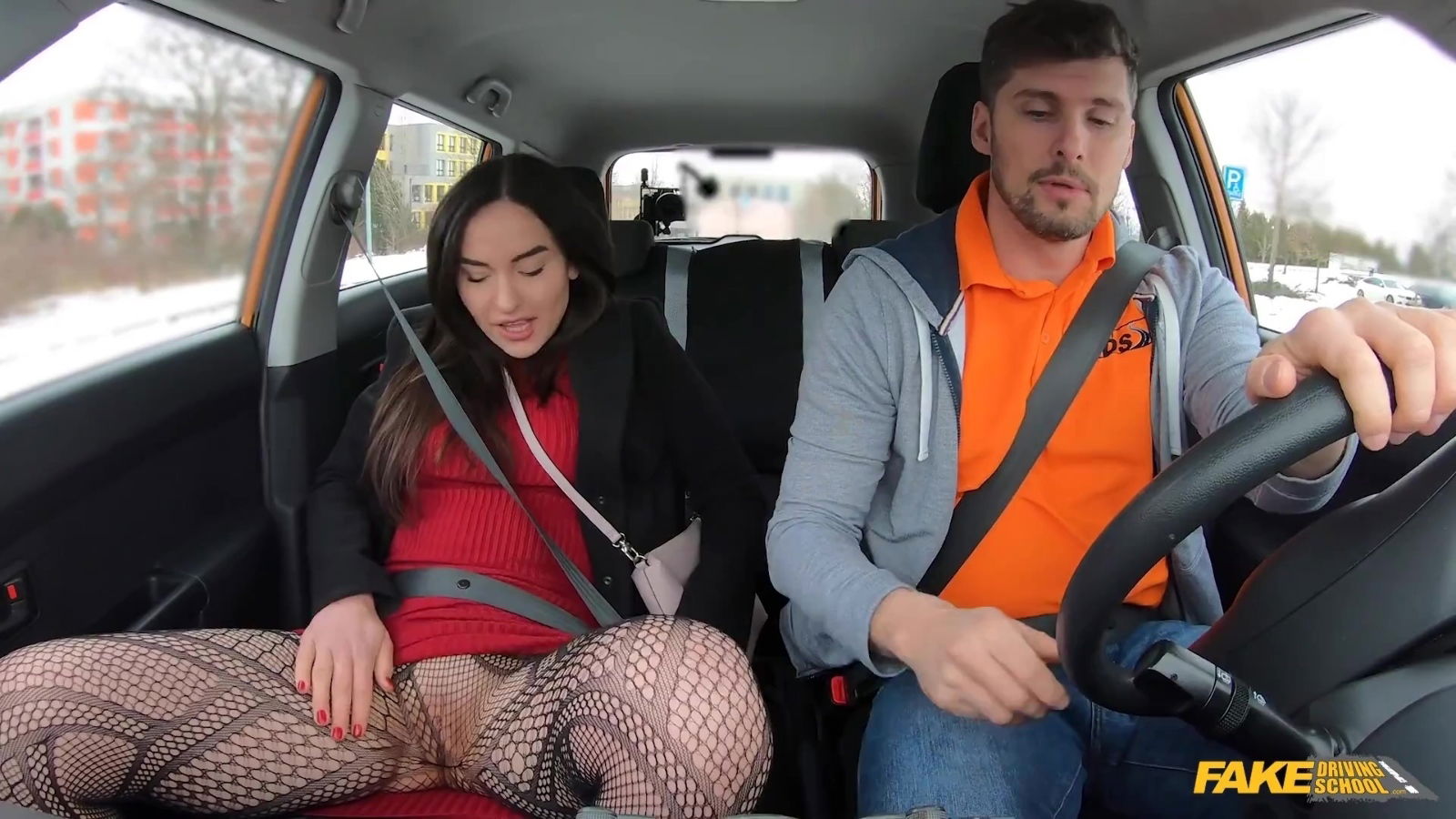 Brunette girl Nataly Gold fucked driving instructor right backseat!