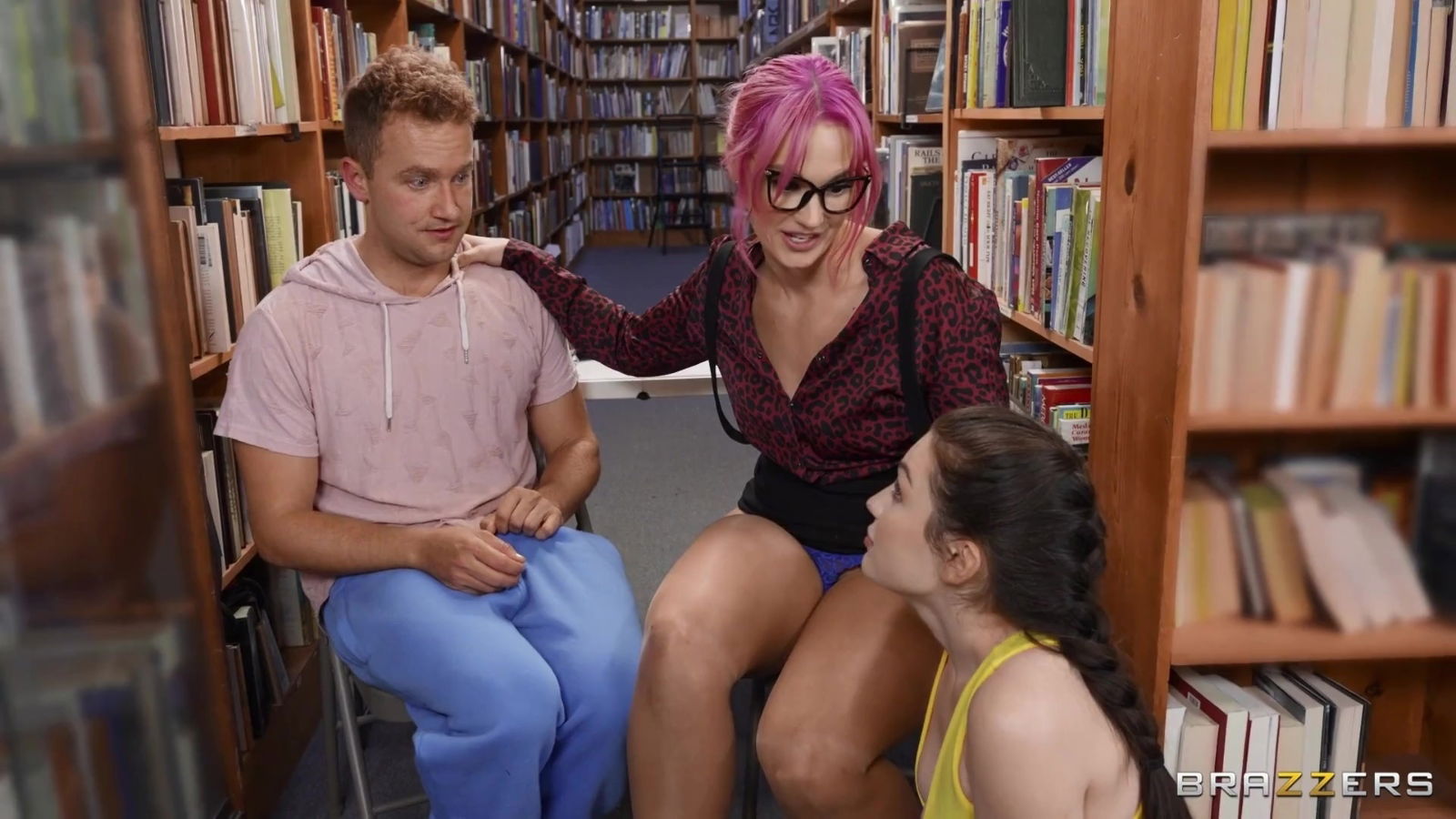 Perv Plump Pink-hair Librarian Tempts Pretty Brunette 3-some