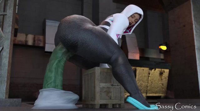 Spiderman's Gwen Stacy rides Huge Green Goblin style Dildo