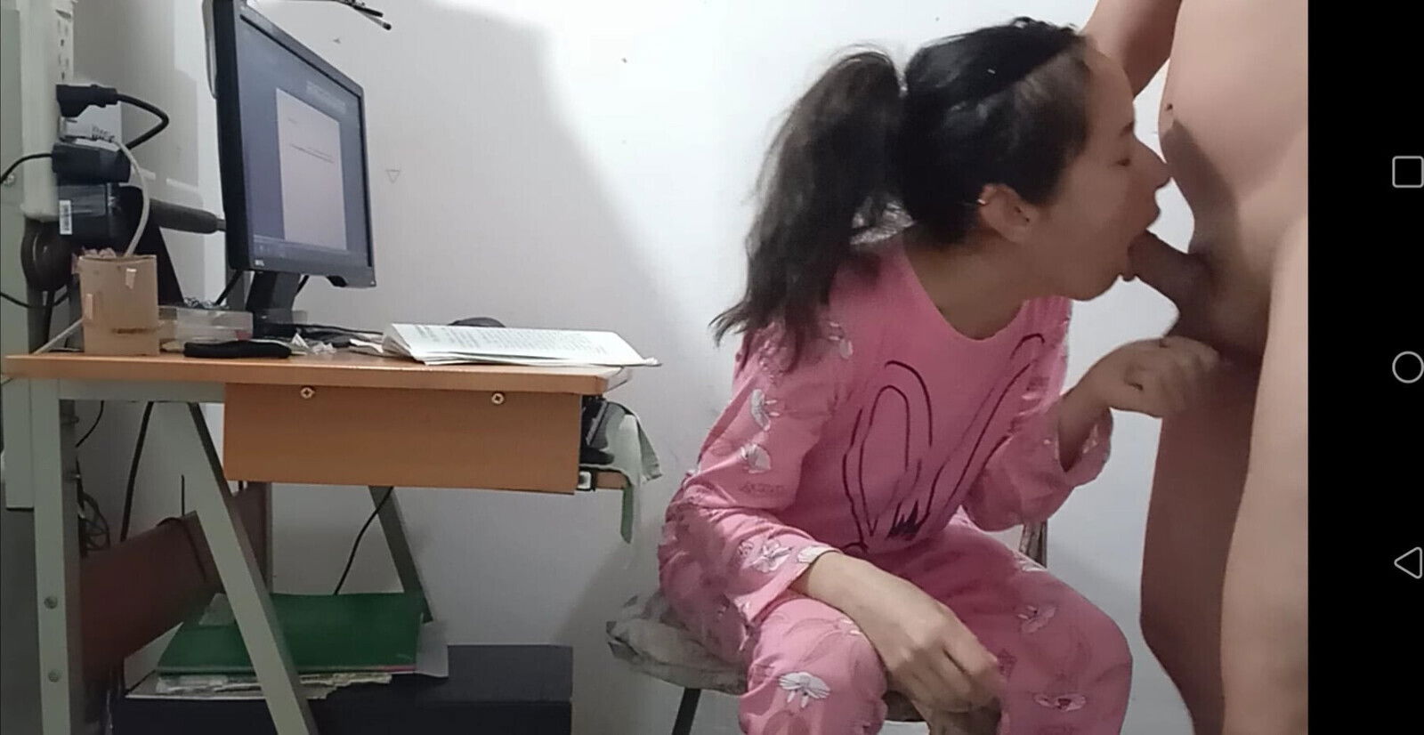 stepfather interrupts work spill semen pink pajamas, after being mounted.