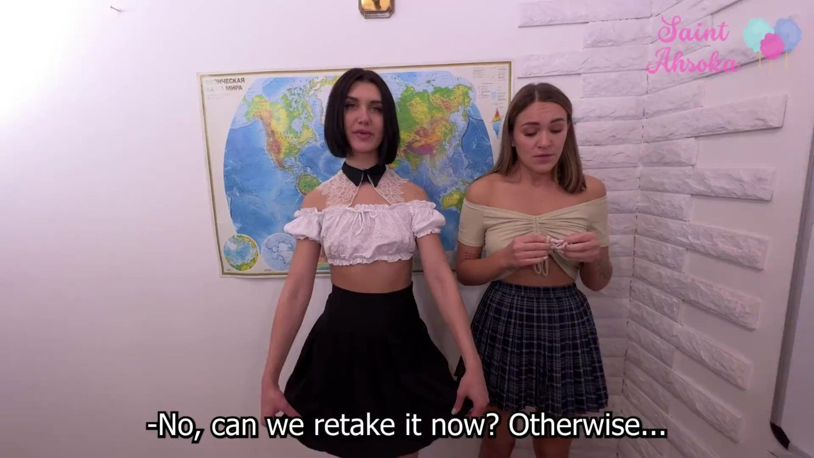 Russian schoolgirls take exam together right teacher's table