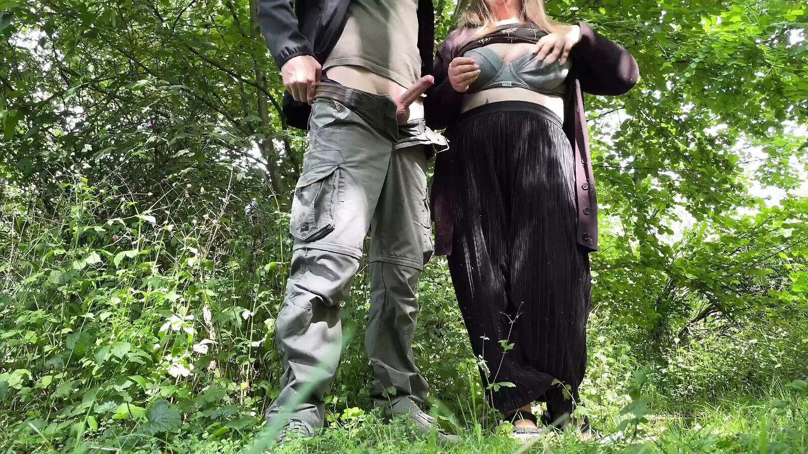 Son-in-law's hand mother-in-law's underpants while pulls nipples jerks street