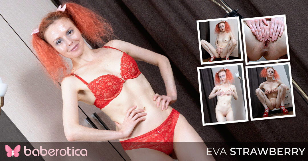 All in red today Miss Eva Strawberry finger fucks her pussy for us