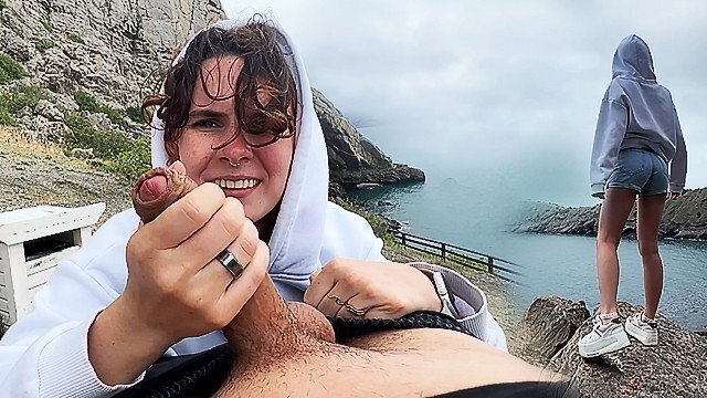 Public blowjob nature mountains couple real