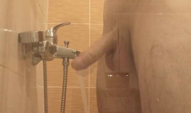 young washes shower plays with dick