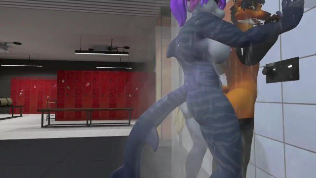 Heat anthro Futa furry dragon with furry standing under shower