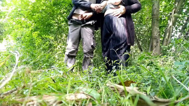 Son-in-law teases nipples while desperately milk outdoors