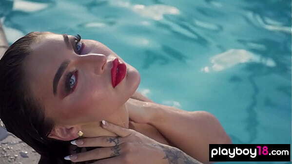 Glamorous natural Emjay Rinaudo stripped posed pool outdoor