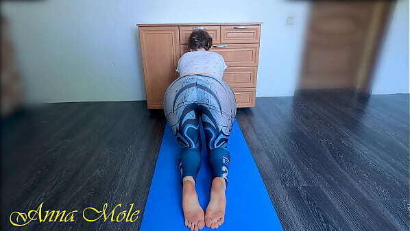 Yoga Classes, Beauty with juicy spandex leggings does yoga caressing pussy