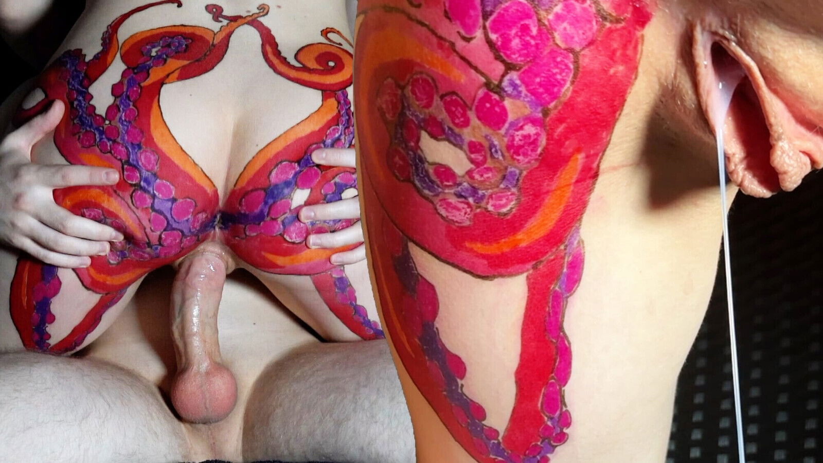 Horny stepsister with huge octopus tattoo helps jerking stepbrother hard pussy