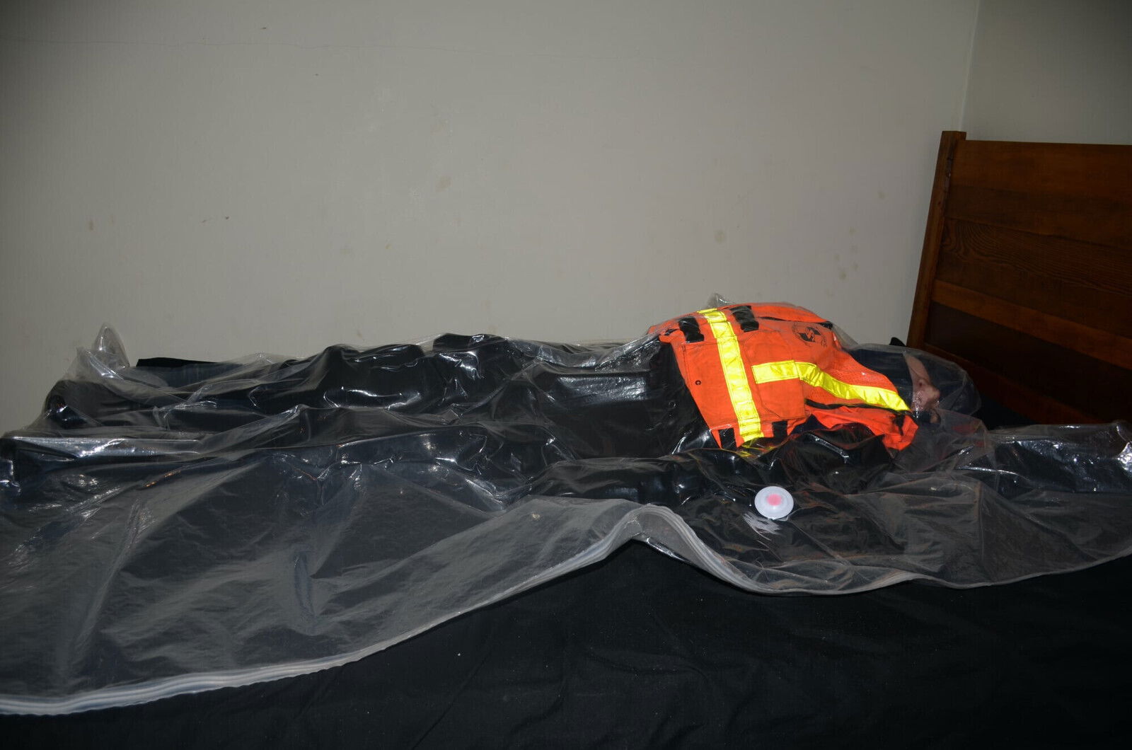 Sept VacPacked hiviz raincoat, chestwaders hiviz lifevest with some lifevests