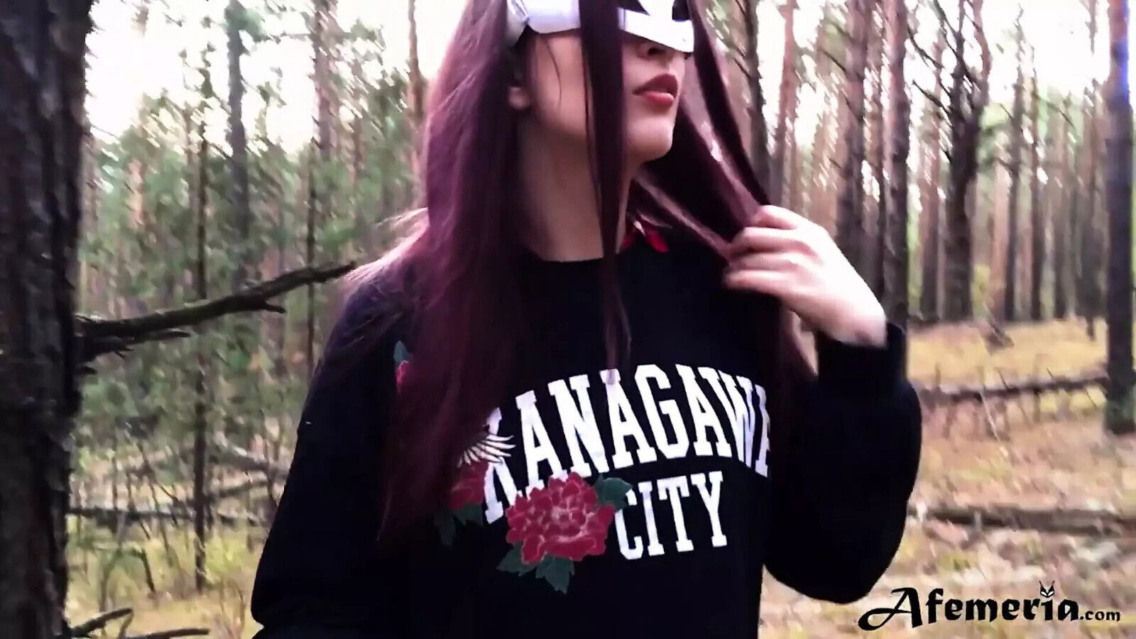 Naughty college girl walks woods, nude shows