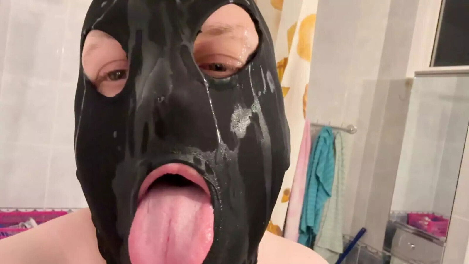 Taking shower after sweet fucked poured over face. jerk cum. body