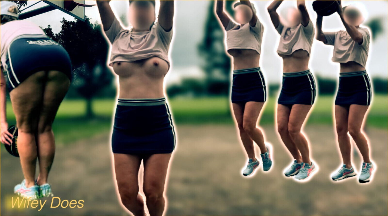 Wifey dared play basketball braless panties short skirt