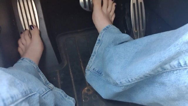 Going drive store jeans hard driving pedal pumping barefoot public