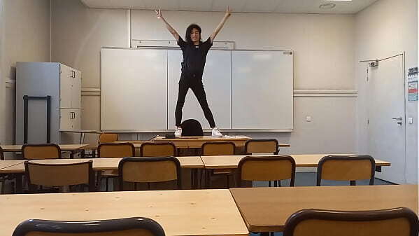 Twink student Arteen goes school sexy dance before striptease teacher'_s desk classroom, starts showing boxer underwear