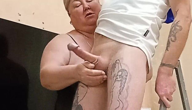 after repairing chandelier, mother-in-law jerks dick cumshot close