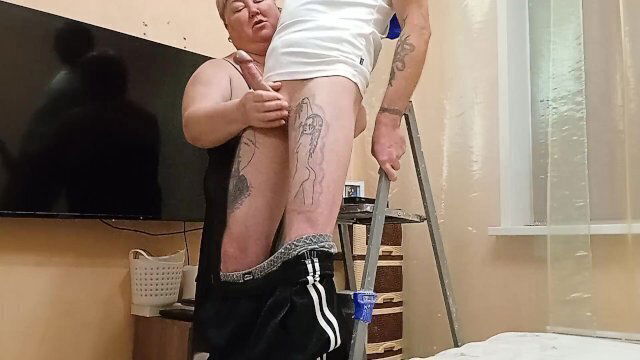 after repairing chandelier, mother-in-law jerks dick cumshot