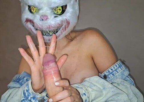Evil bunny jerks dick Halloween until cums