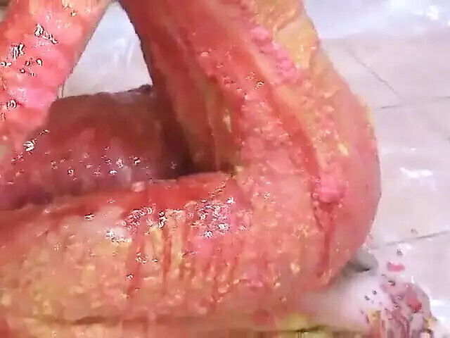 Horny bitch kitchen playing around food coloring syrup