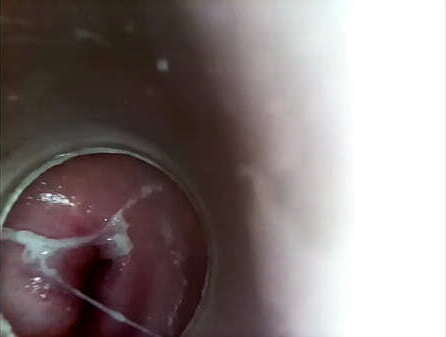 Camera inside pussy while fucks herself with inch dildo