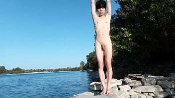twink does naked yoga outside rocky beach, cruising passing might watch