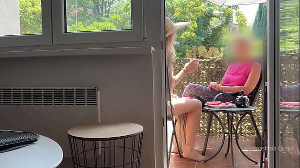 husband jerking front stepmom while talk balcony.