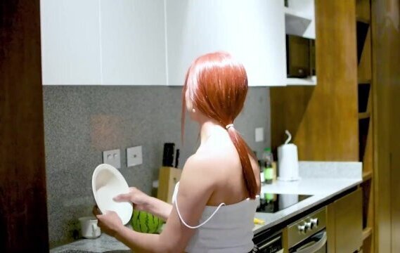 cleaning girl gets horny does first