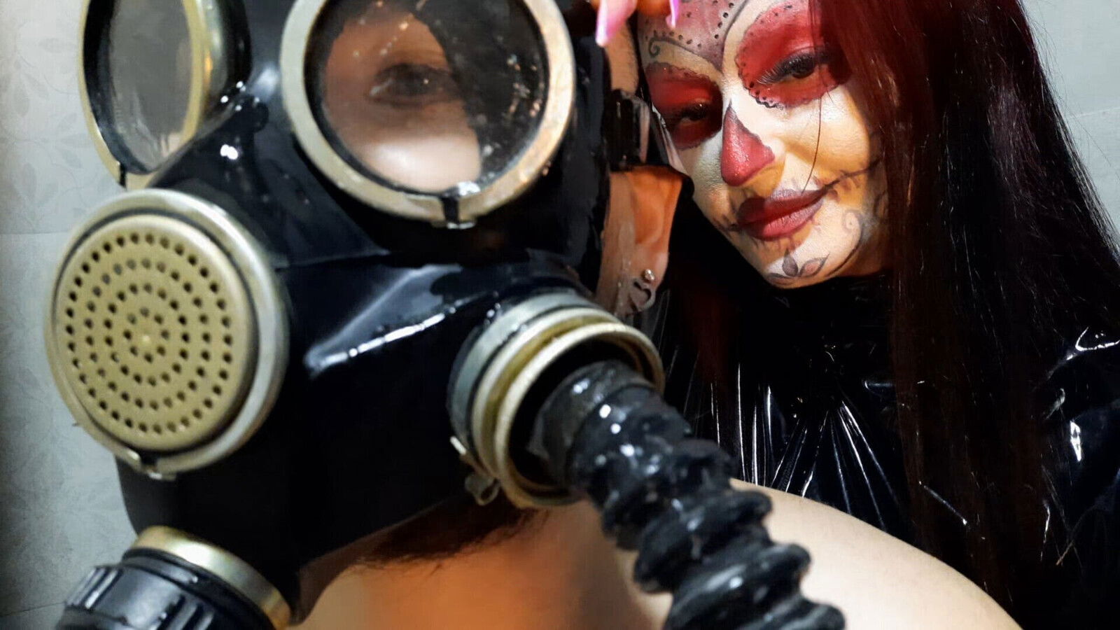 Halloween coming! Creepy video mask fetish shower.