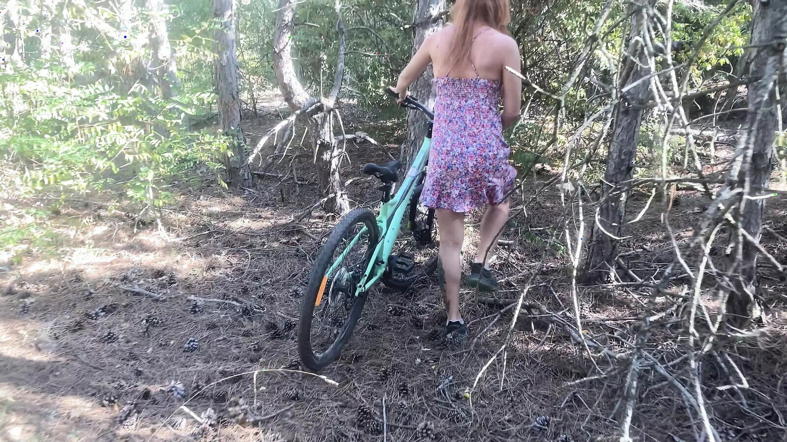 Found cute tattoed girl riding bicycle forest fucking hairy pussy