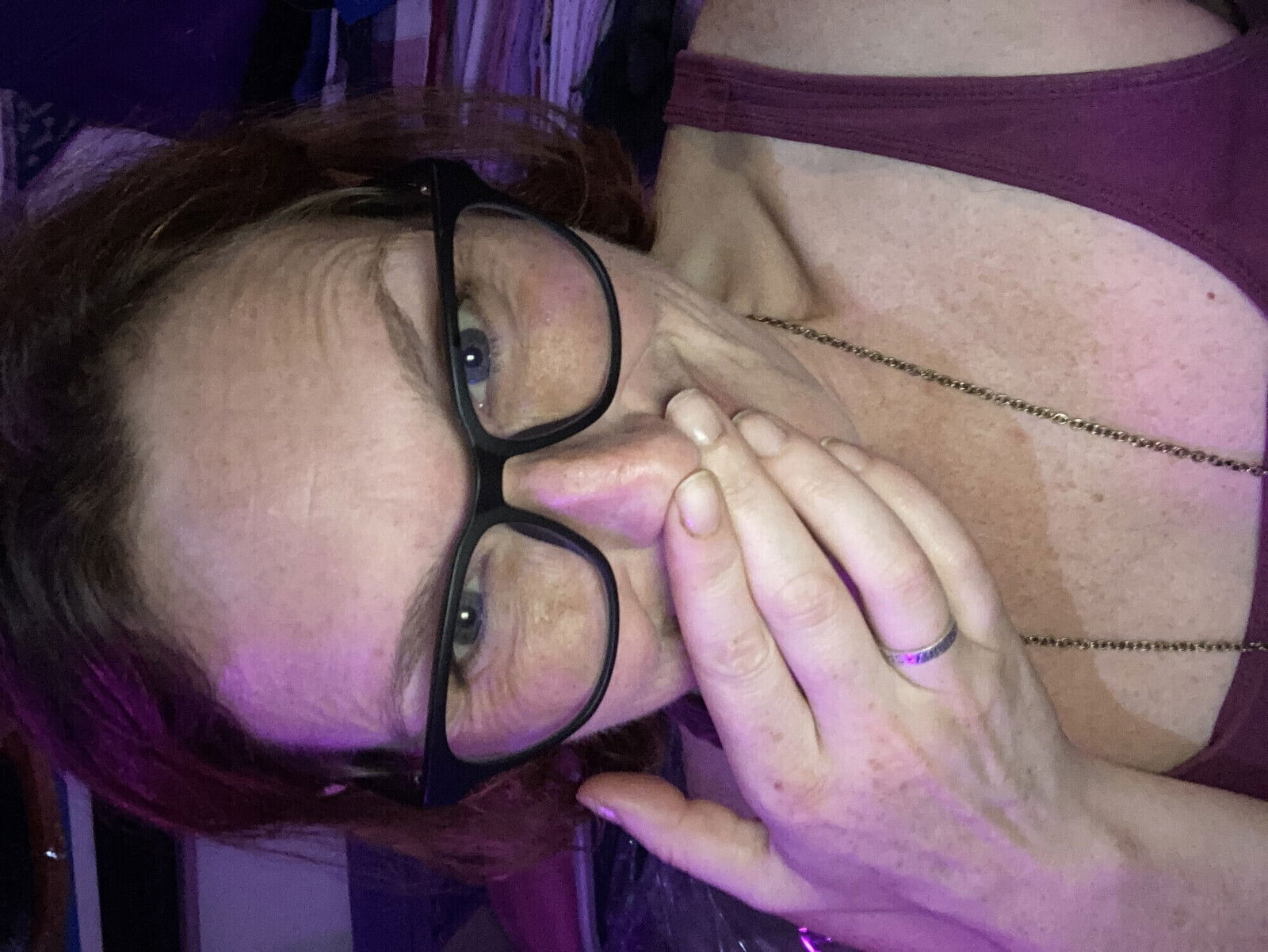 Smelling stinky pussy fingers whilst playing with bush.