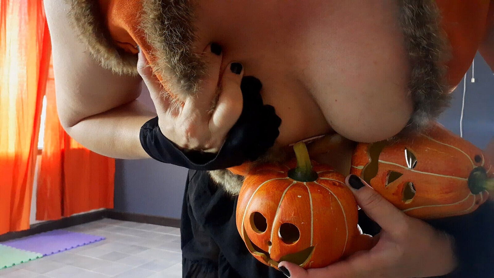 HALLOWEEN Witch sexy suit. Red-haired witch with pumpkins broom. Regina Noir