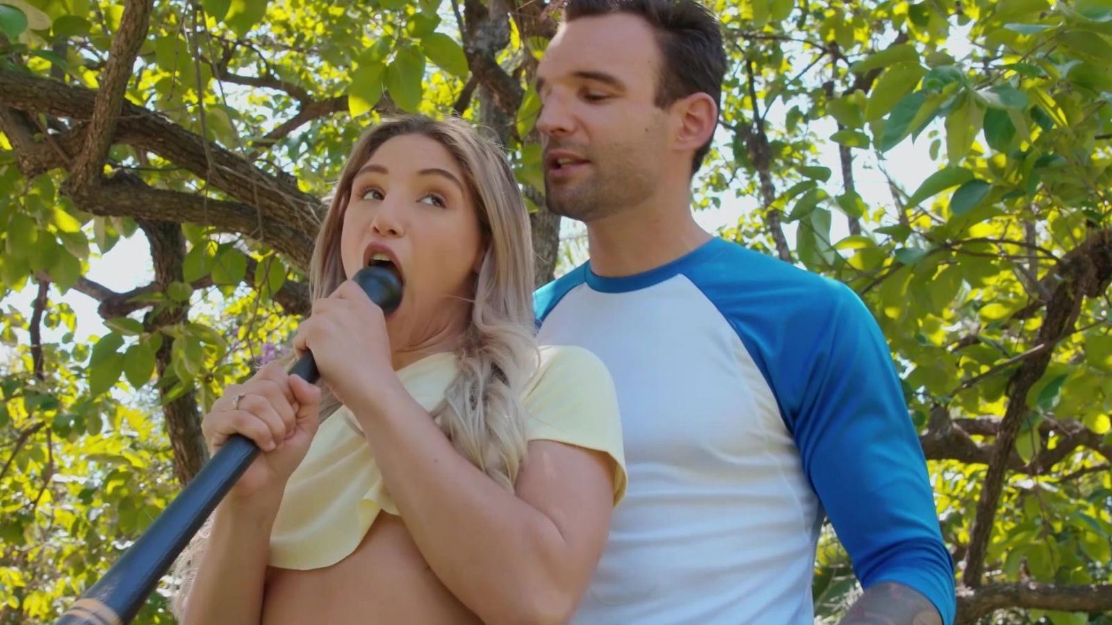 blonde Abella Danger with hairy pussy outdoors