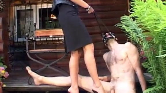 Femdom ball trample pony riding masked slave outdoors