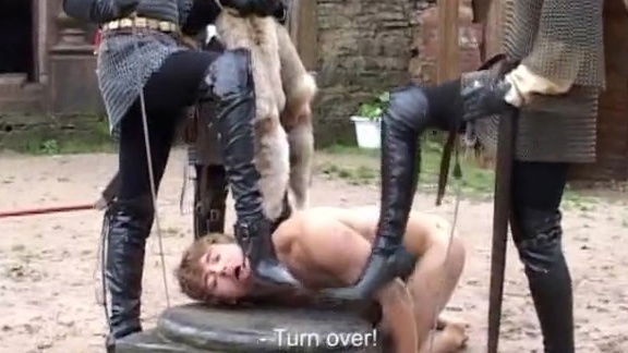 Medieval slave spitted kicked smeared outdoors three femdom
