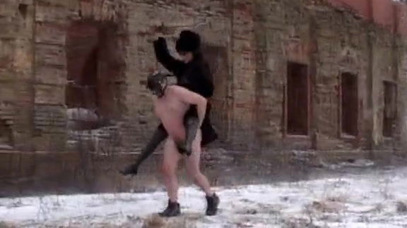 Goddess ballbusting rides masked pony slave outdoors