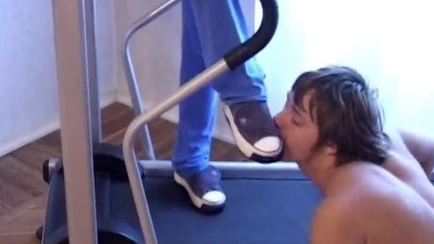 Slave trampled treadmill sniffin dirty mistress' shoes feets
