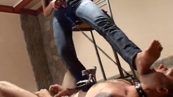 Mistress shoes trampling dominating leashed