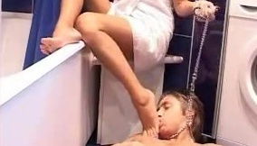 Smoking mistress humiliating slave bathroom