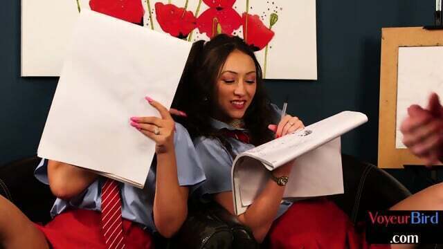 Voyeur CFNM college sluts teasing wanker while jerks