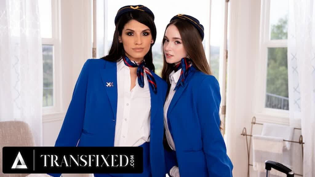 TRANSFIXED Trans Flight Attendant Zariah Fucks Coworker Hazel Moore During Delayed Flight