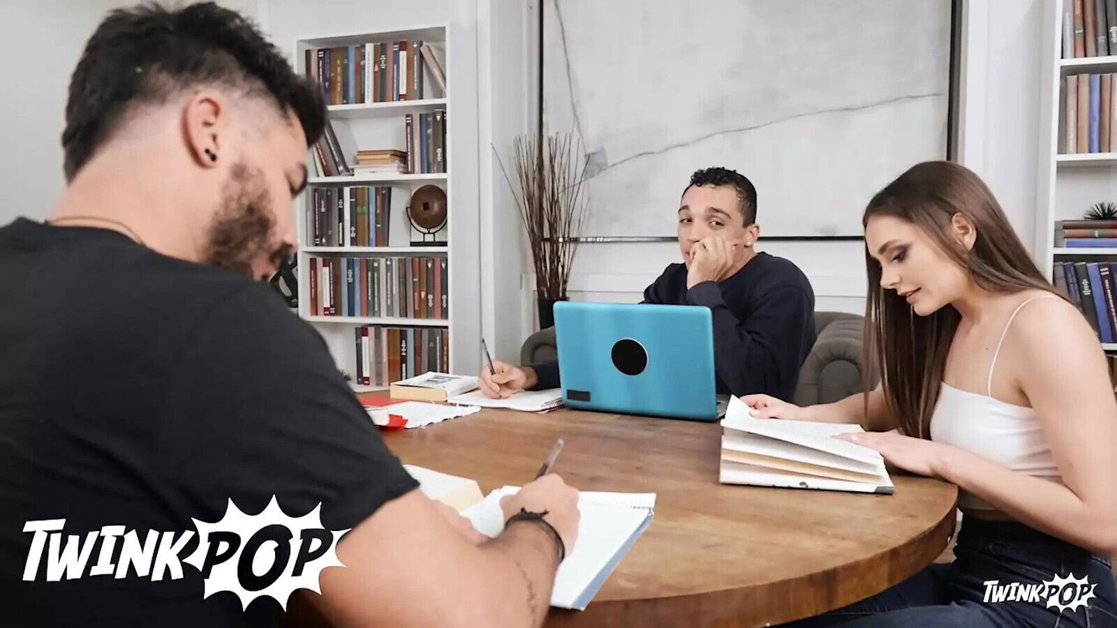 Joey Mills Rubs Foot Over Amone Bane's Bulge, Then Crawls Under Table Sucks Dick TWINK