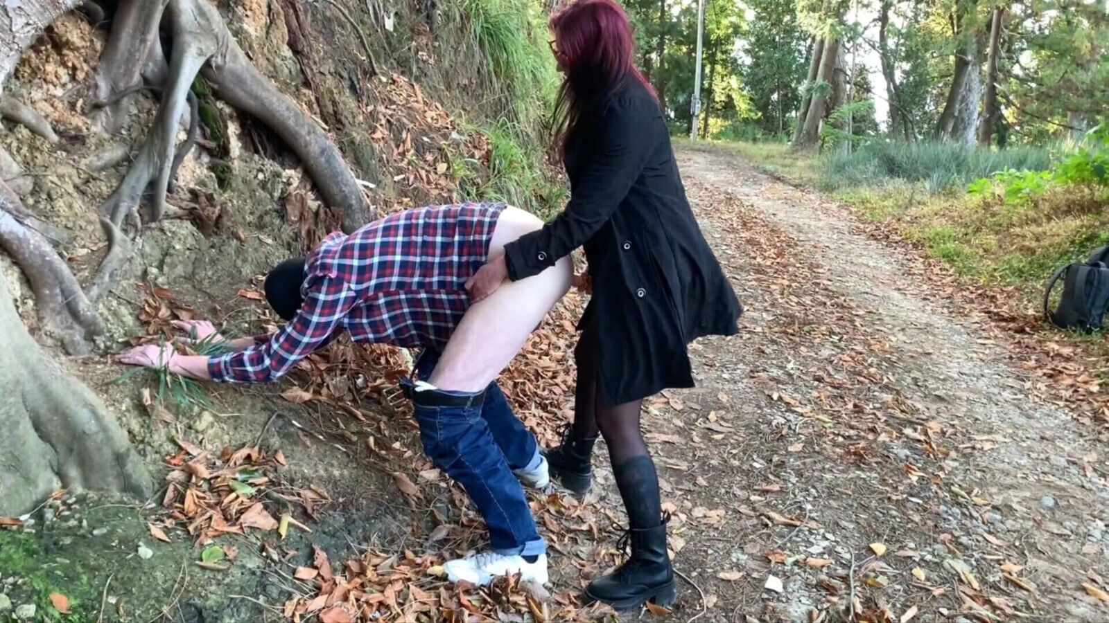 Dominatrix Nika fucked slave park without lube. Pegging public doggy style with spanking