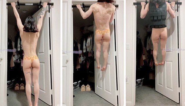 Super strong petite Asian muscle girl does pull-ups including archer weighted ones