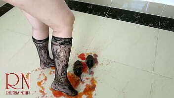 Sweet jeles destroying with high heels shoes on the floor. c2