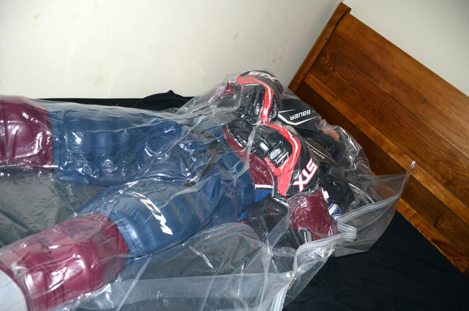 Invincible gets VacPacked with hockey gear, hockey double layer sack gear