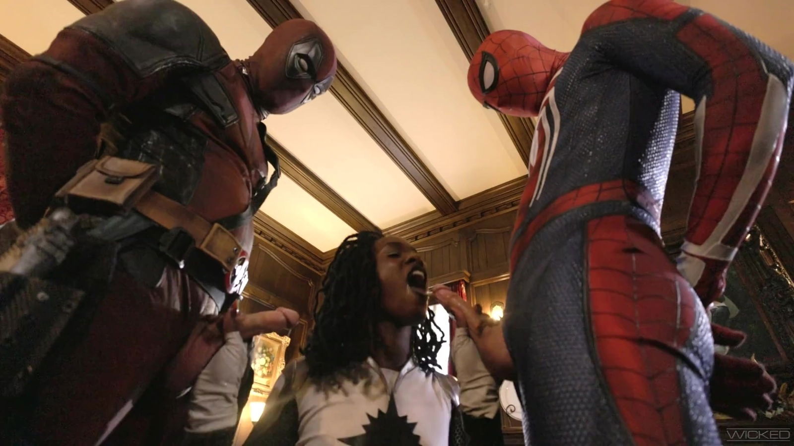 Curly Ebony Super-slut Pleases Spiderman's Deadpool's Dicks Wild Threesome