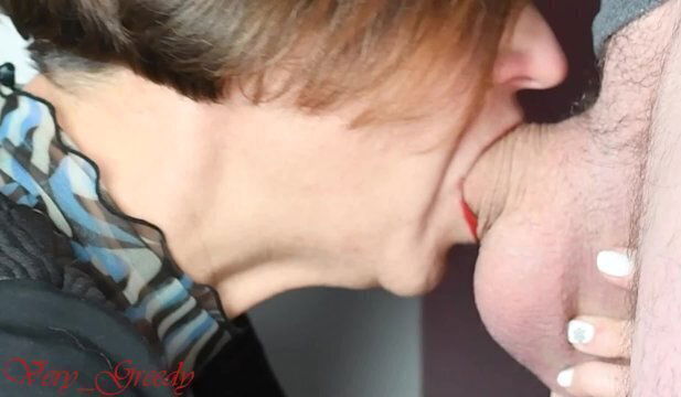 MILF with red lipstick sucks her husband's cock in close-up as he throbs during ejaculation